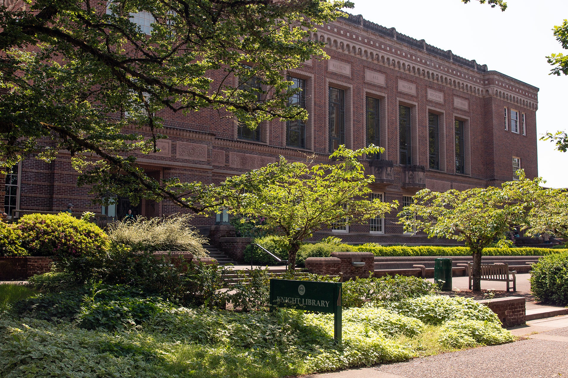 Knight Library exterior in spring